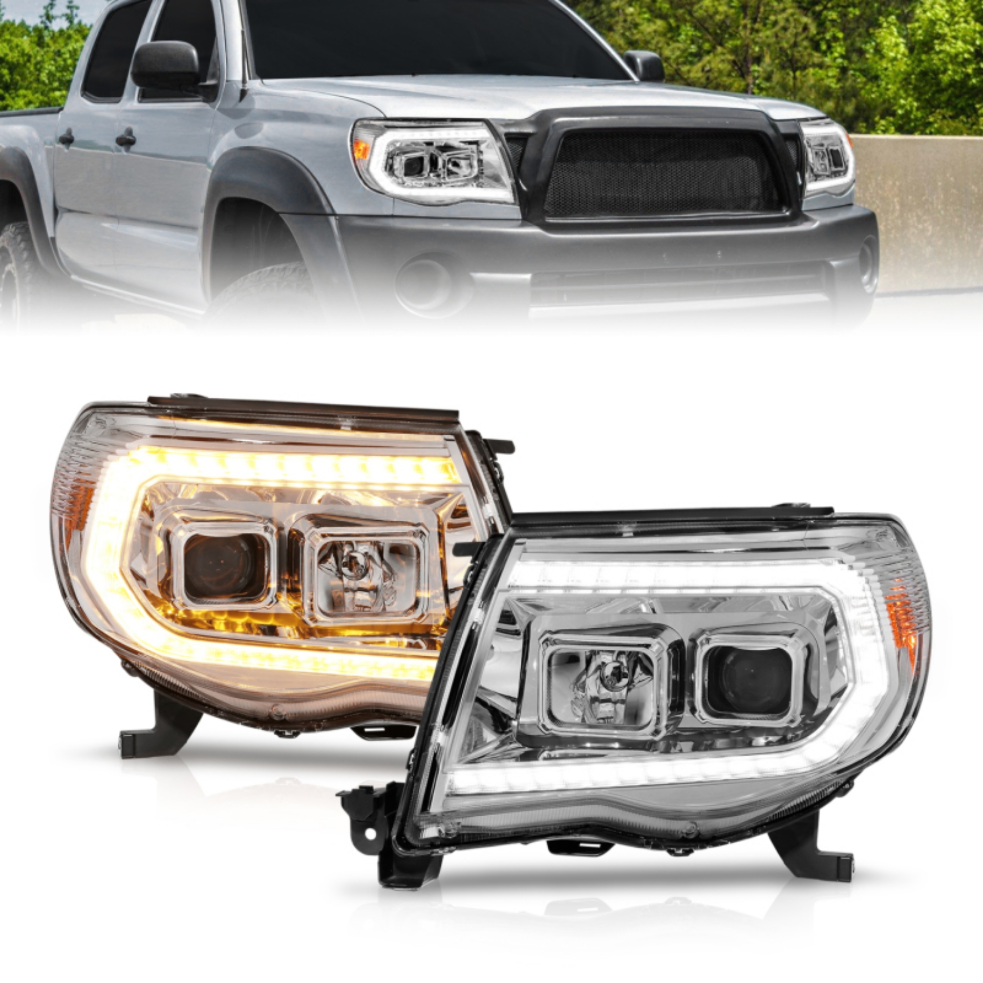 Picture of ANZO 05-11 Toyota Tacoma Projector Headlights w-Light Bar Switchback Chrome Housing