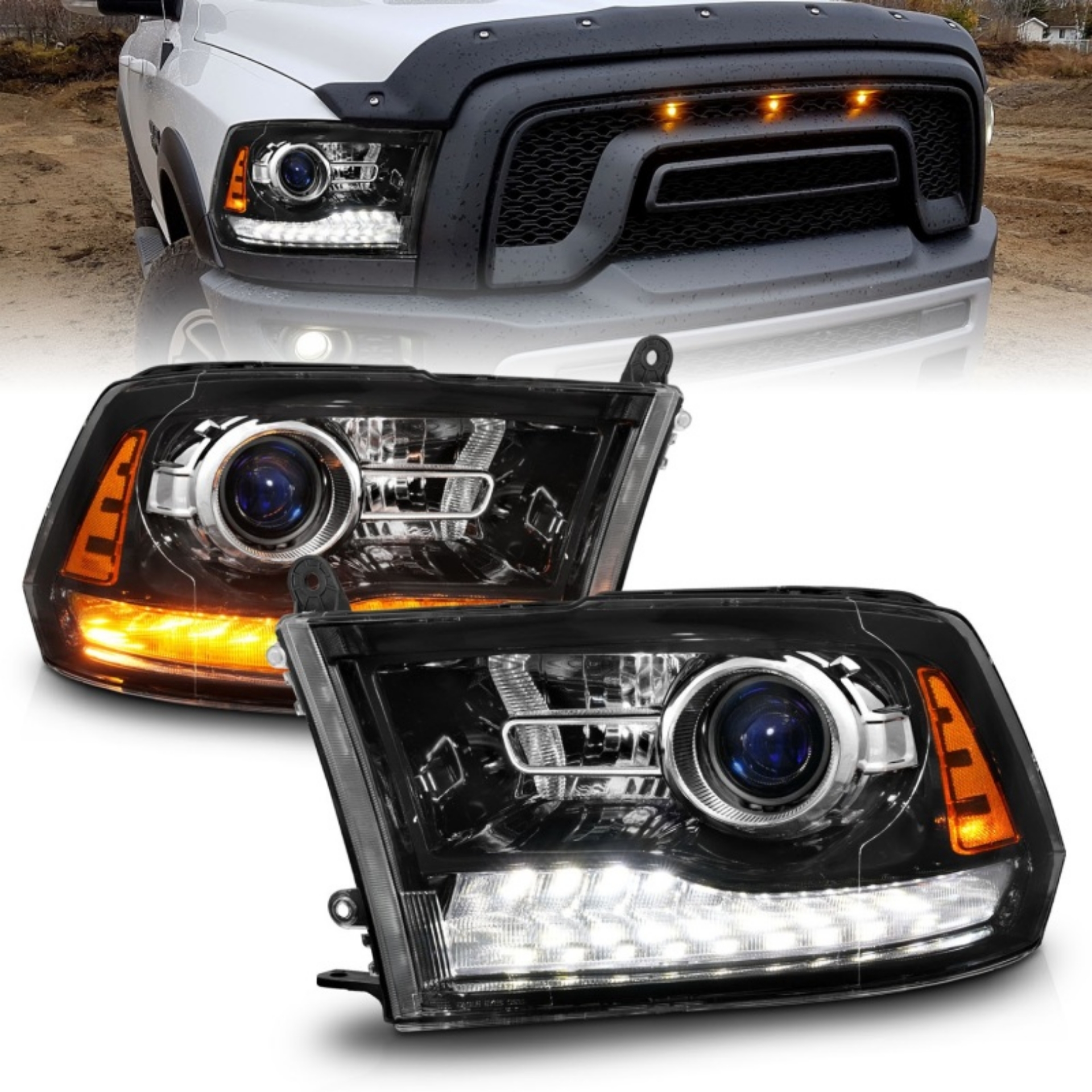 Picture of ANZO 09-18 Dodge 1500-3500 LED Plank Style Headlights w-Switchback+Sequential Hyper Black OE Style