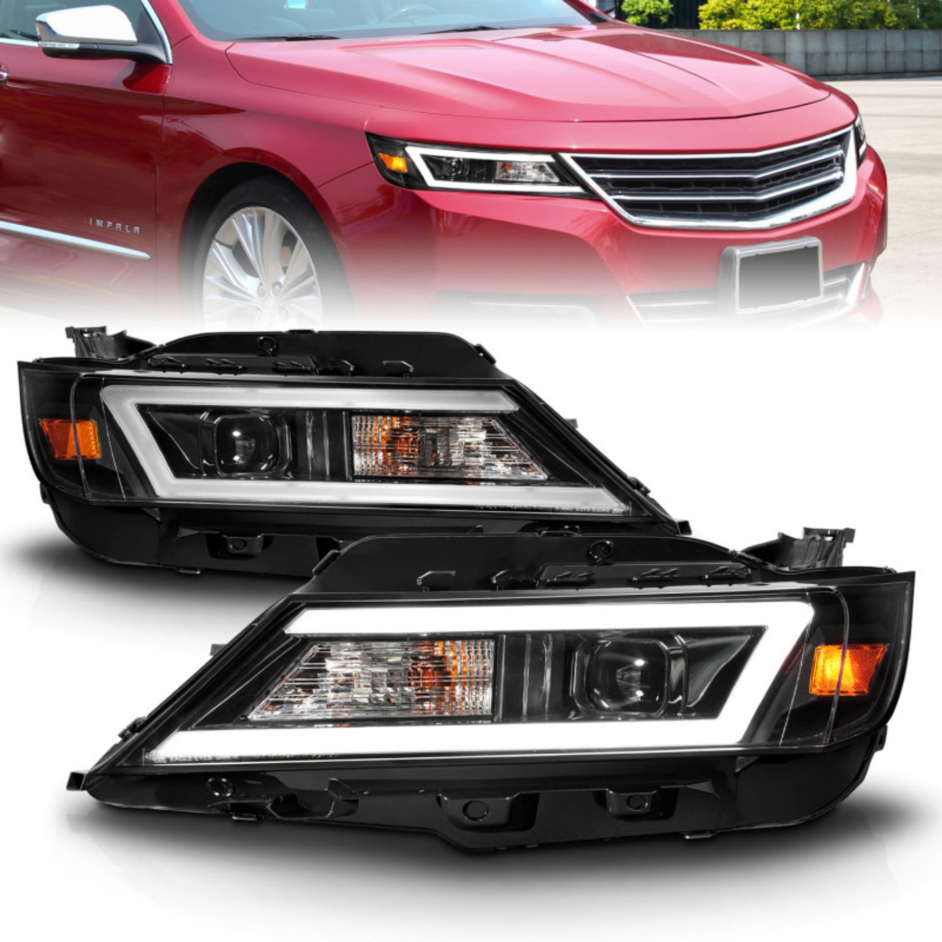 Picture of ANZO 14-20 Chevrolet Impala Square Projector LED Bar Headlights w- Black Housing