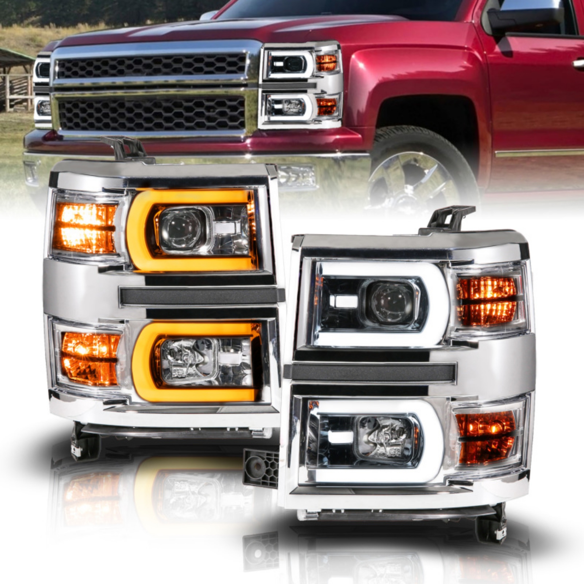 Picture of Anzo 14-15 Chevy Silverado 1500 Chrome Dual Switchback+Sequential LED Tube Sq- Projector Headlights