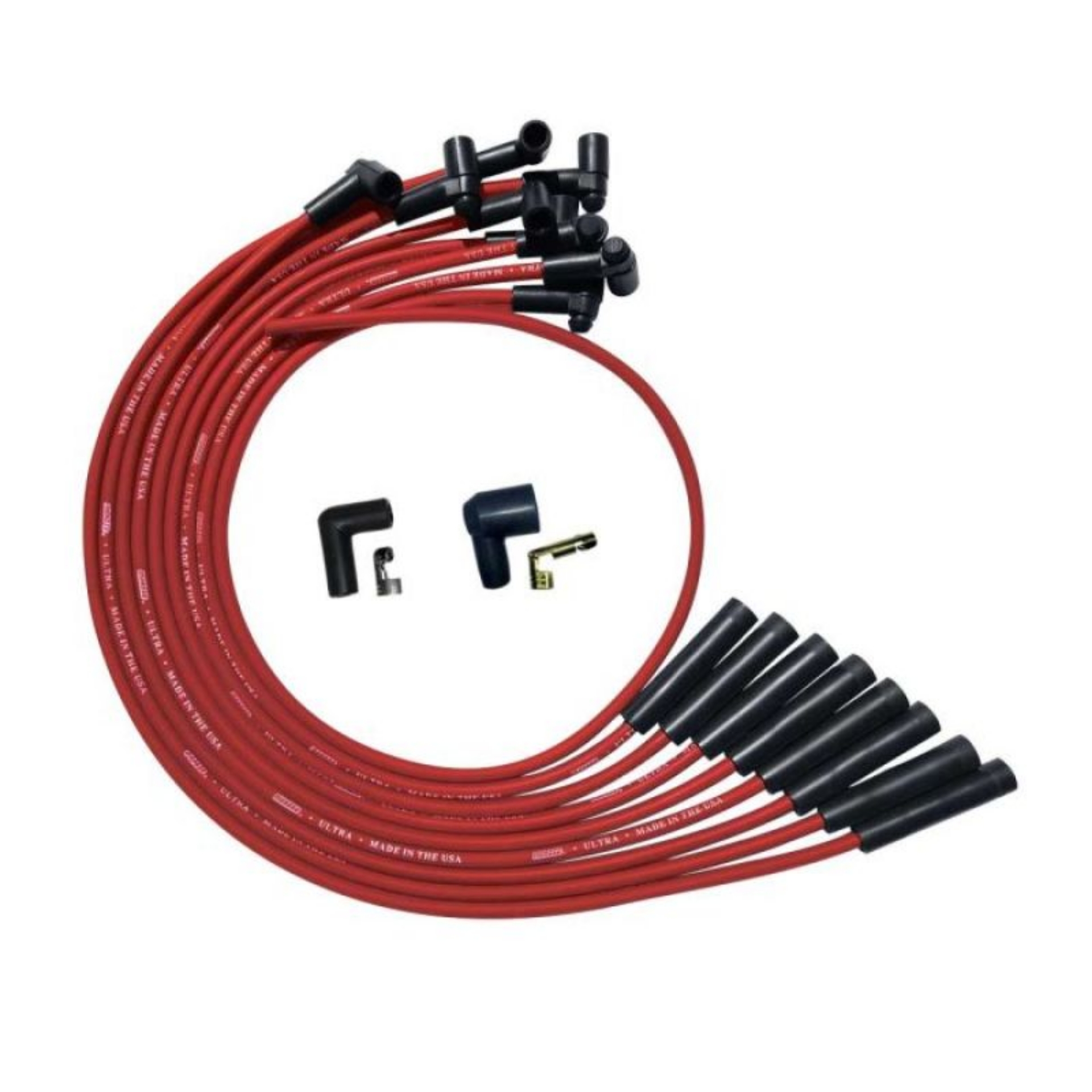 Picture of Moroso BBC Over Valve Cover Straight Plug Ends HEI Ultra Spark Plug Wire Set - Red