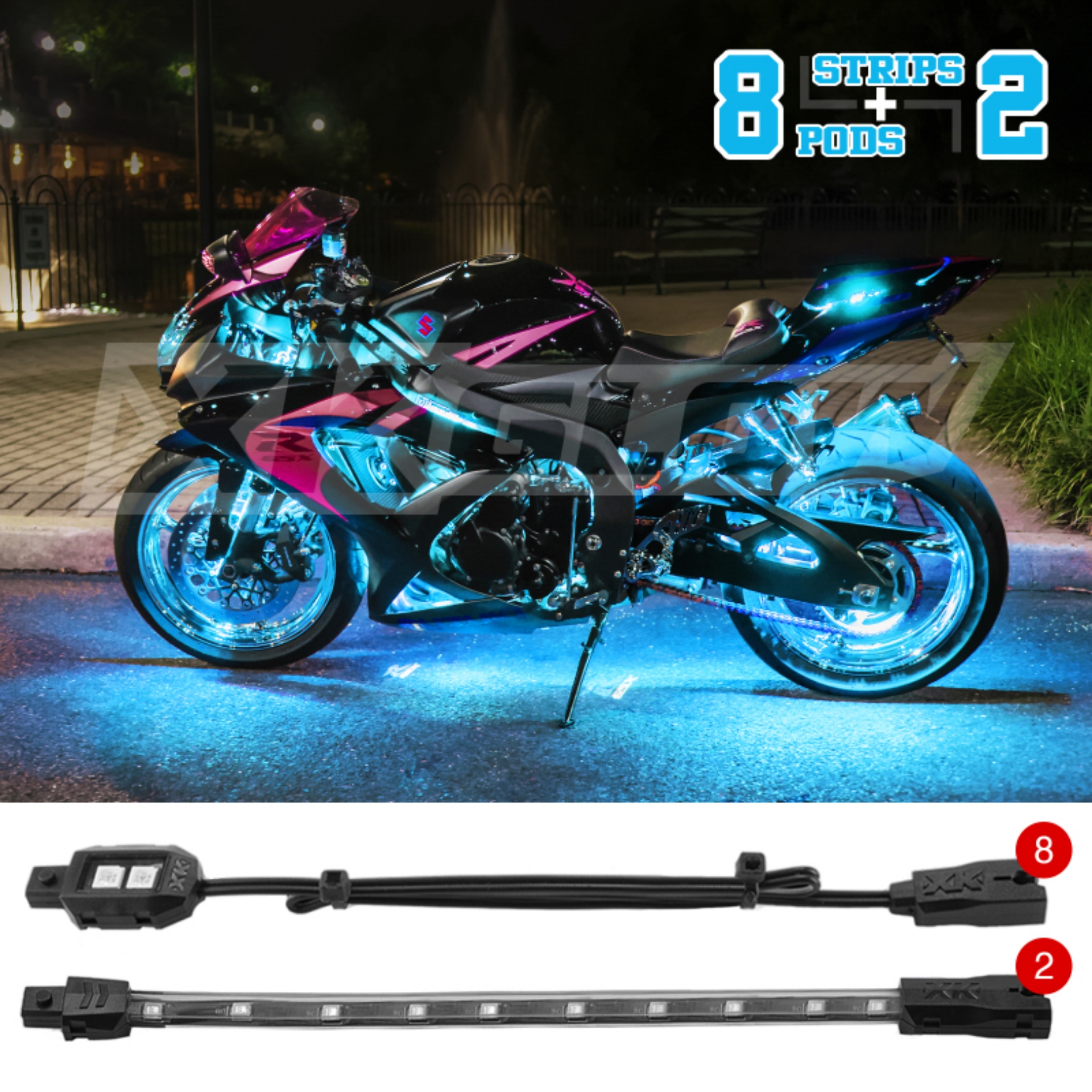 Picture of XK Glow Strips Single Color XKGLOW LED Accent Light Motorcycle Kit Light Blue - 8xPod + 2x8In