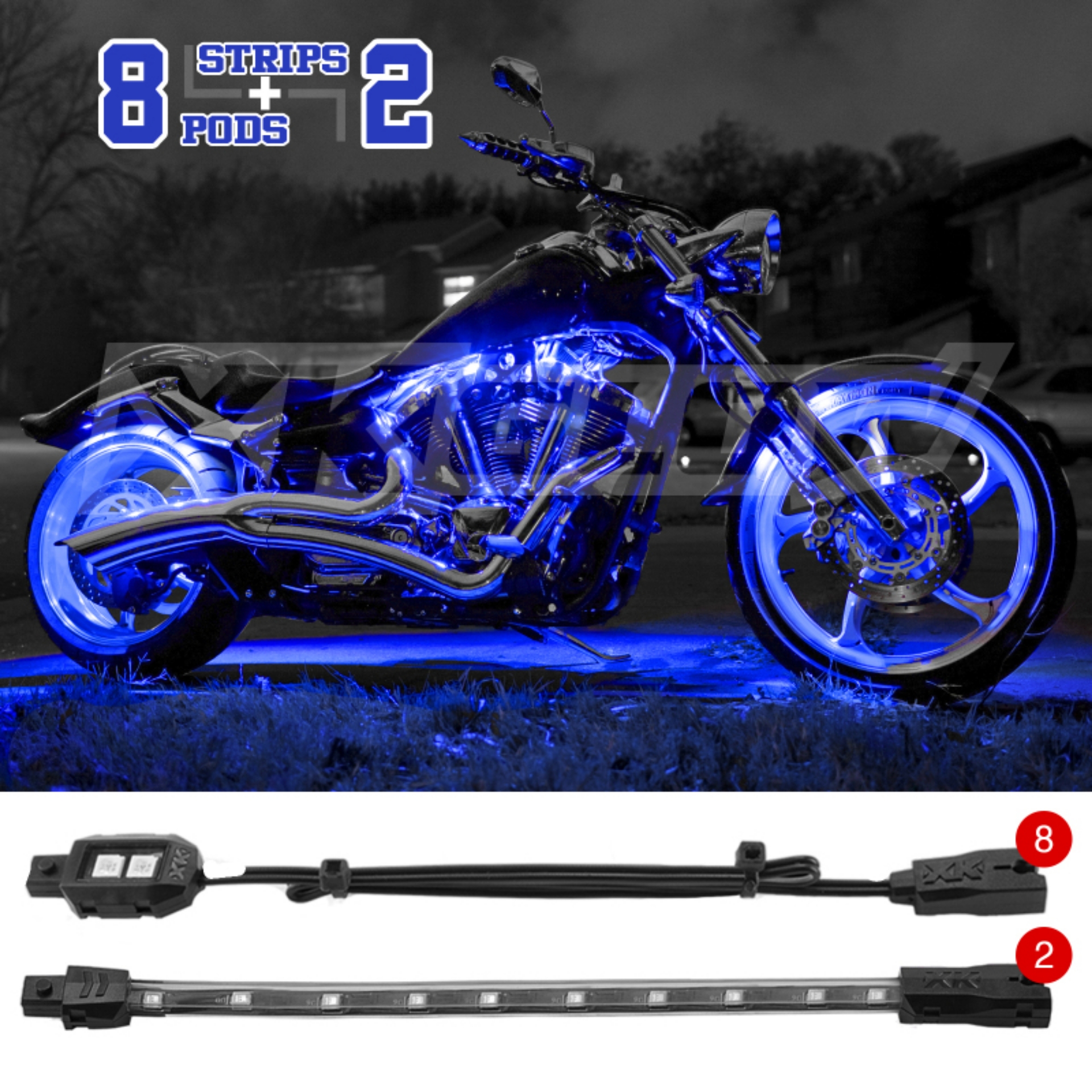 Picture of XK Glow Single Color XKGLOW LED Accent Light Motorcycle Kit Blue - 8xPod + 2x8InStrips