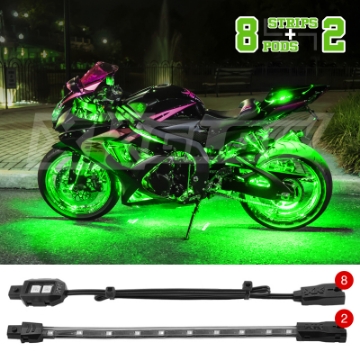 Picture of XK Glow Strips Single Color XKGLOW LED Accent Light Motorcycle Kit Green - 8xPod + 2x8In