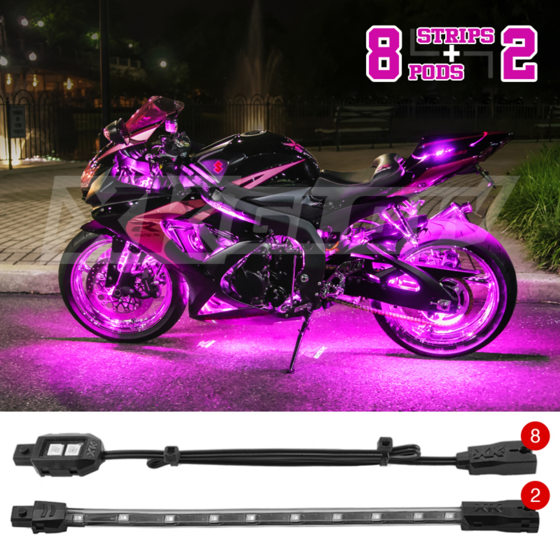 Picture of XK Glow Strips Single Color XKGLOW LED Accent Light Motorcycle Kit Pink - 8xPod + 2x8In