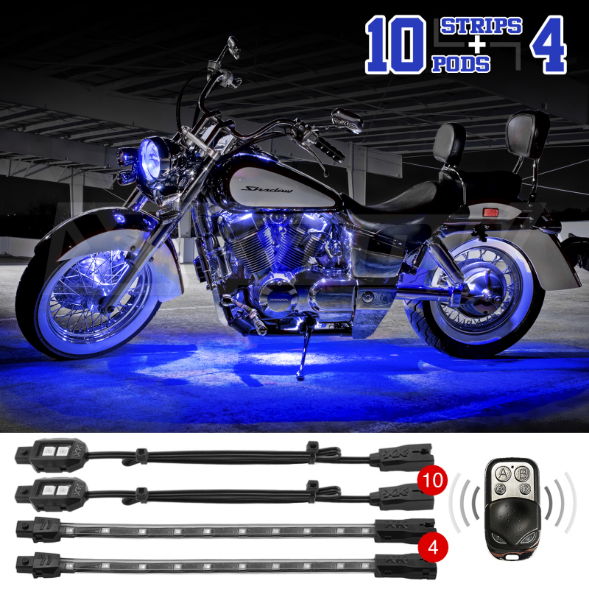 Picture of XK Glow Strips Single Color XKGLOW LED Accent Light Motorcycle Kit Blue - 10xPod + 4x8In
