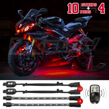 Picture of XK Glow Single Color XKGLOW LED Accent Light Motorcycle Kit Red - 10xPod + 4x8InStrips