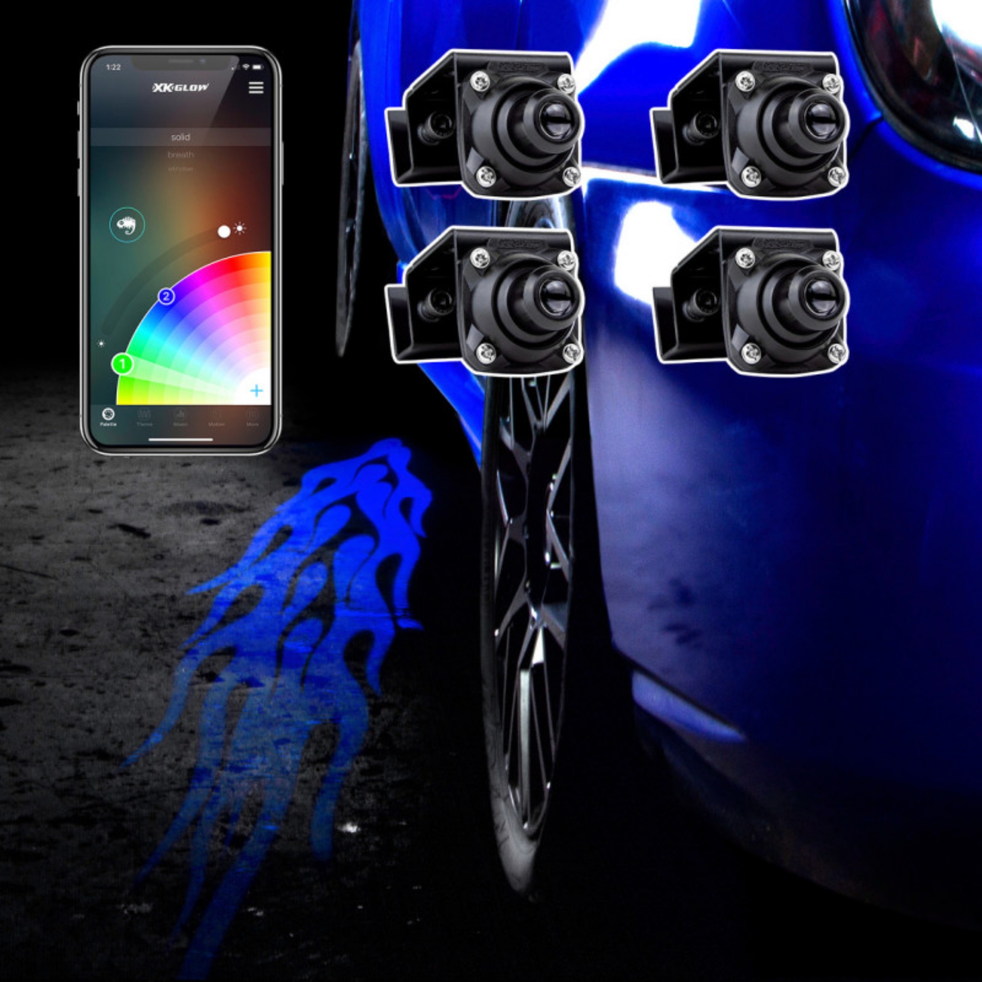 Picture of XK Glow Curb FX Bluetooth XKchrome App Waterproof LED Projector Welcome Light Flame Style 4pc