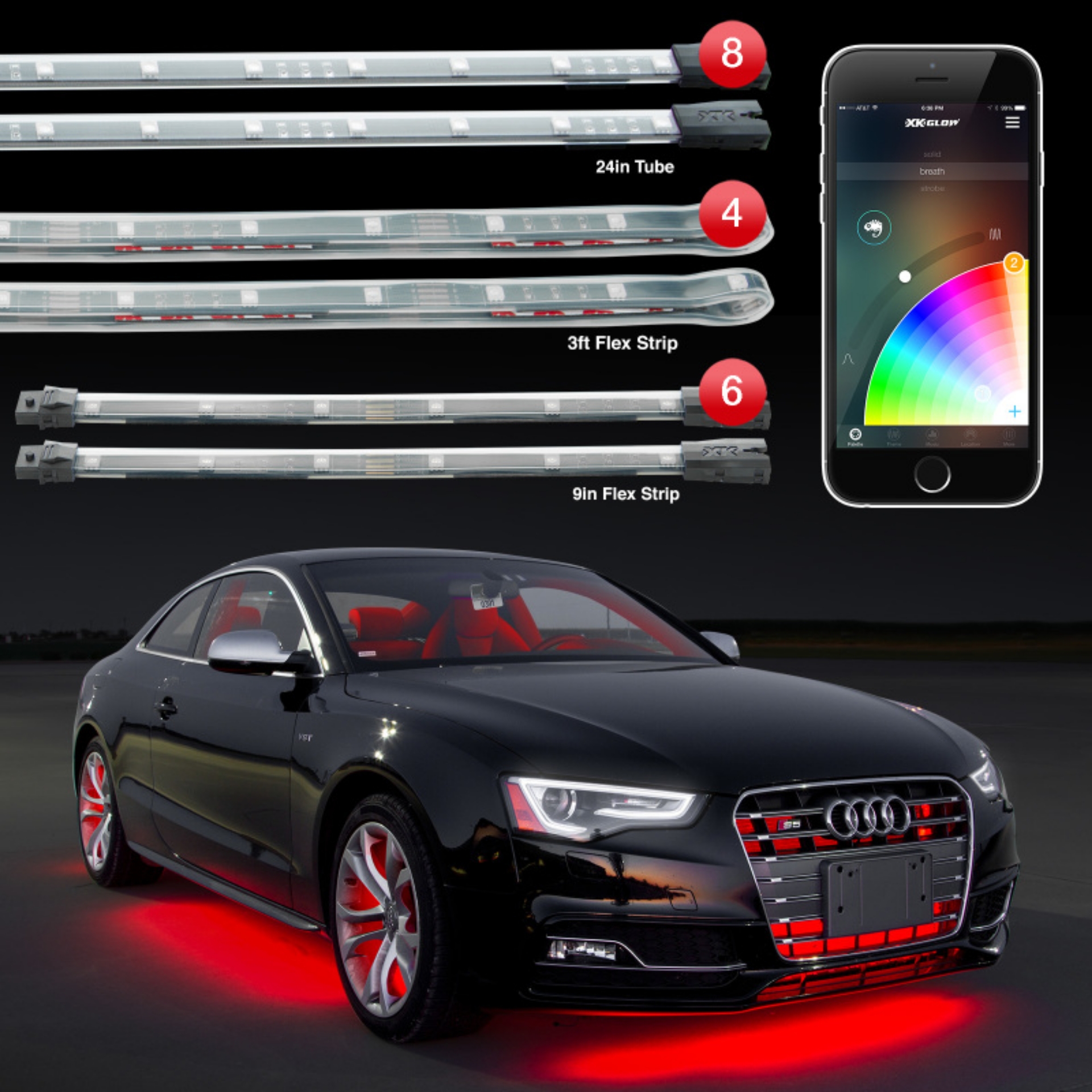 Picture of XK Glow Strip Million Color XKCHROME App Undercar Kit 8x24In Tube + 6x10In Strip + 4x36In