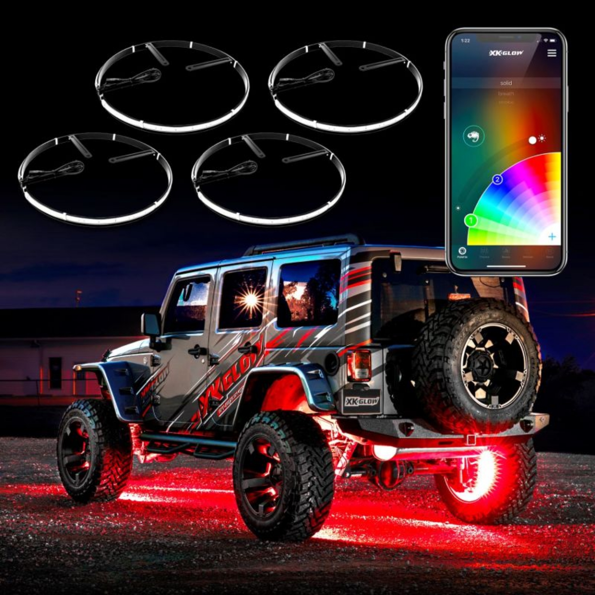 Picture of XK Glow Wheel Ring Light Kit w- Dual-Mode Dash Mount Controller 4PC 15In