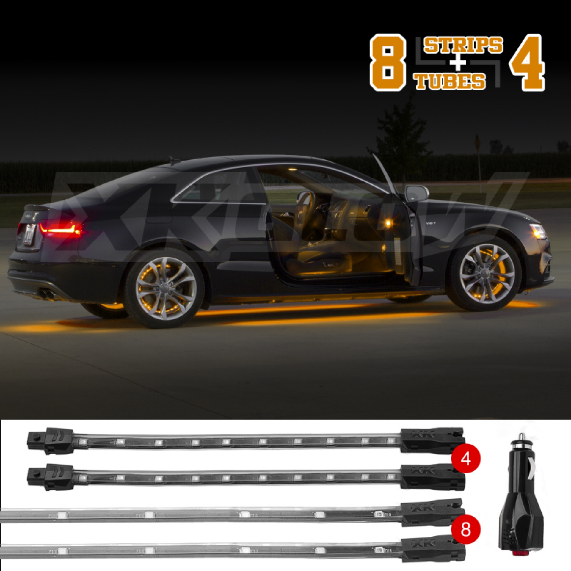 Picture of XK Glow Strip Single Color Underglow LED Accent Light Car-Truck Kit Amber - 8x24In Tube + 4x8In