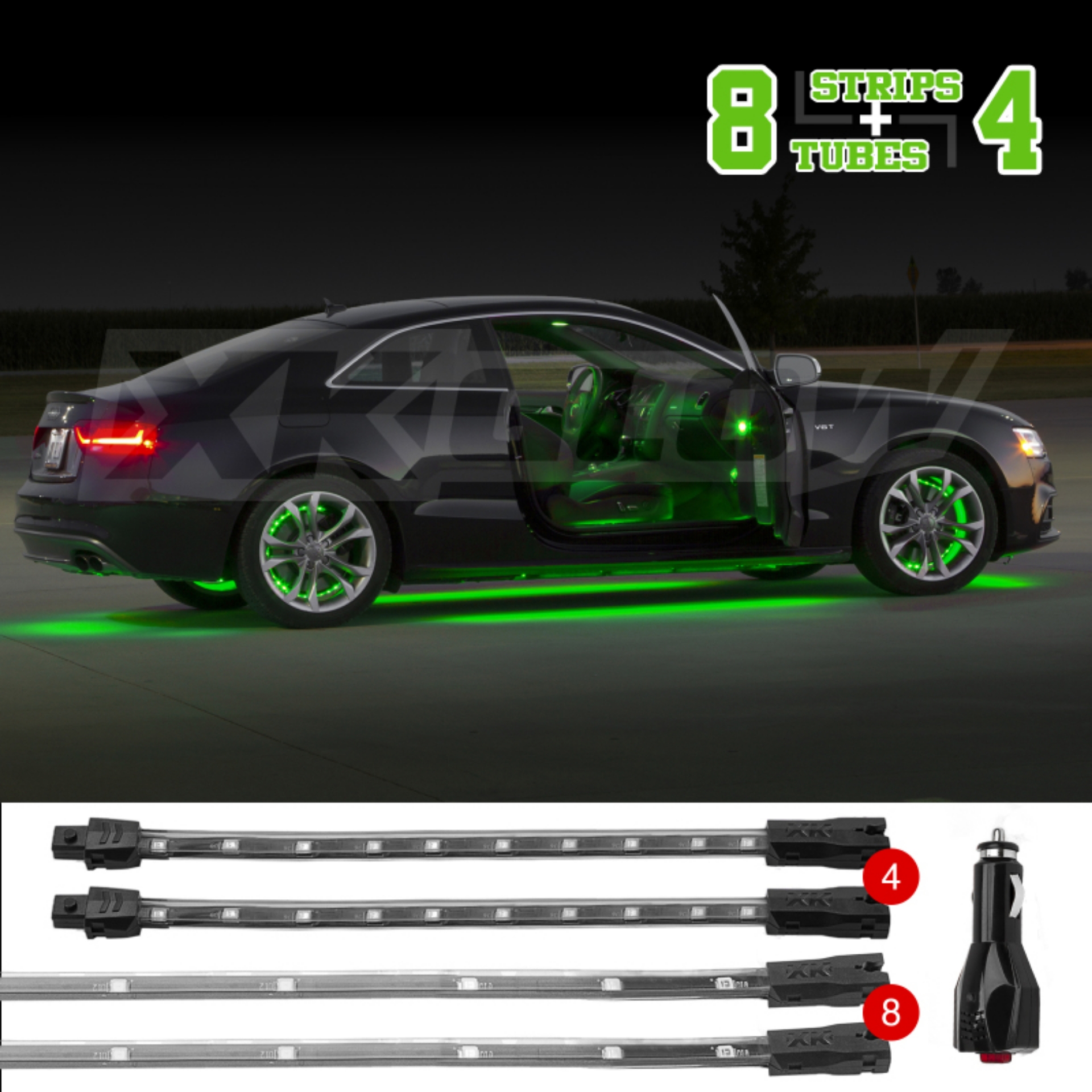 Picture of XK Glow Strip Single Color Underglow LED Accent Light Car-Truck Kit Green - 8x24In Tube + 4x8In