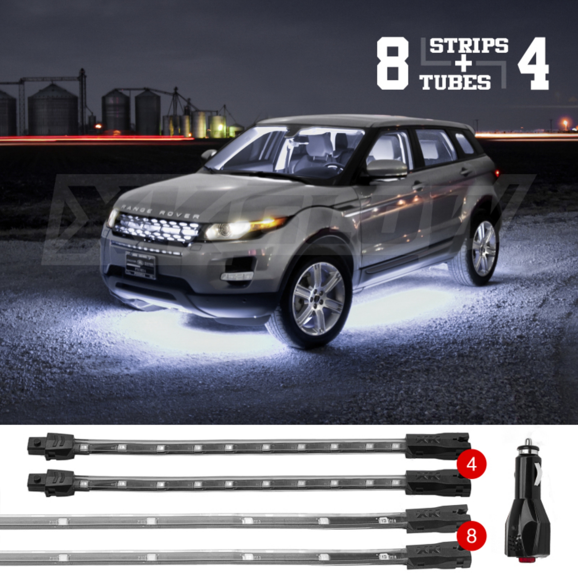 Picture of XK Glow Strip Single Color Underglow LED Accent Light Car-Truck Kit White - 8x24In Tube + 4x8In