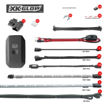 Picture of XK Glow Tube + 18xPods Million Color XKCHROME App Controlled Offroad UTV Kit 2x24In Tube + 14x12In