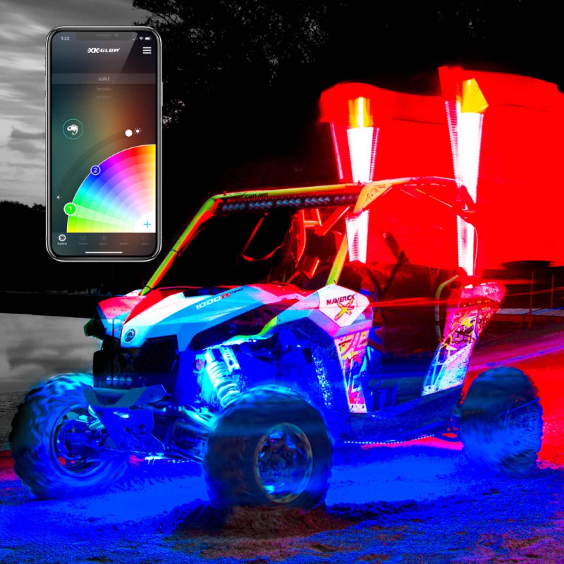 Picture of XK Glow UTV ATV Xkchrome App Control LED Whip Light Kit w- Dual-Mode Controller 2x Whip 32in