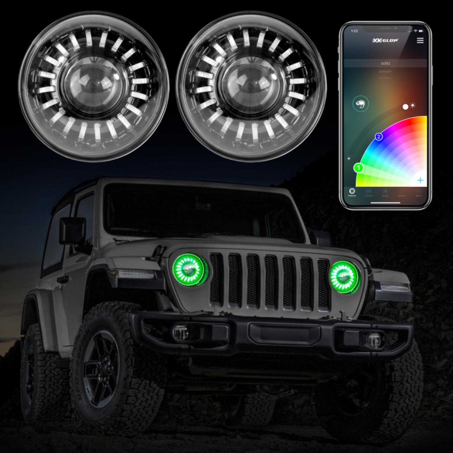 Picture of XK Glow 2pc 7in App Control RGB Wrangler JL Headlight Kit w- Mounting Brackets
