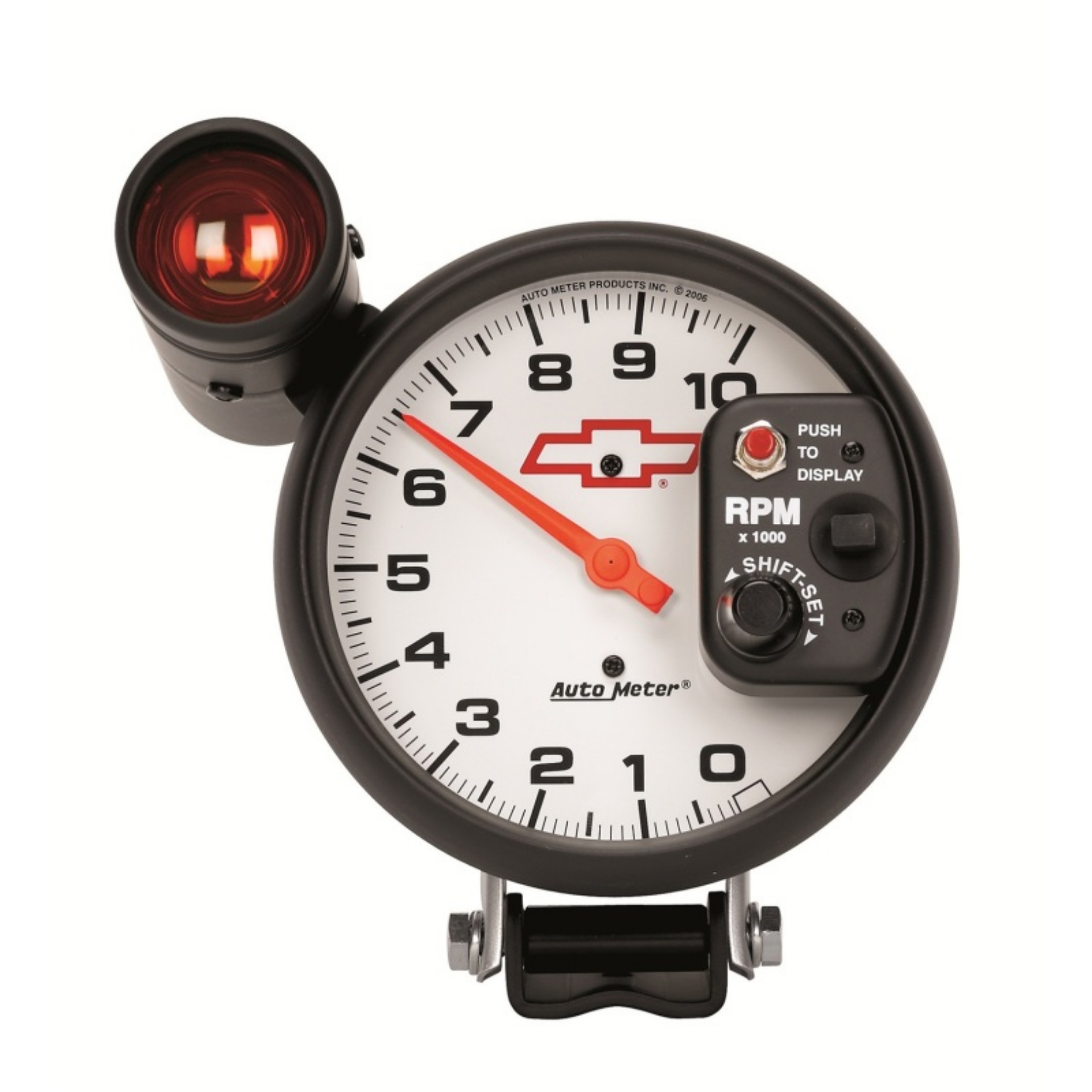 Picture of AutoMeter 5in 127mm Pedestal Tachometer, 0-10,000 RPM, Chevy Red Bowtie