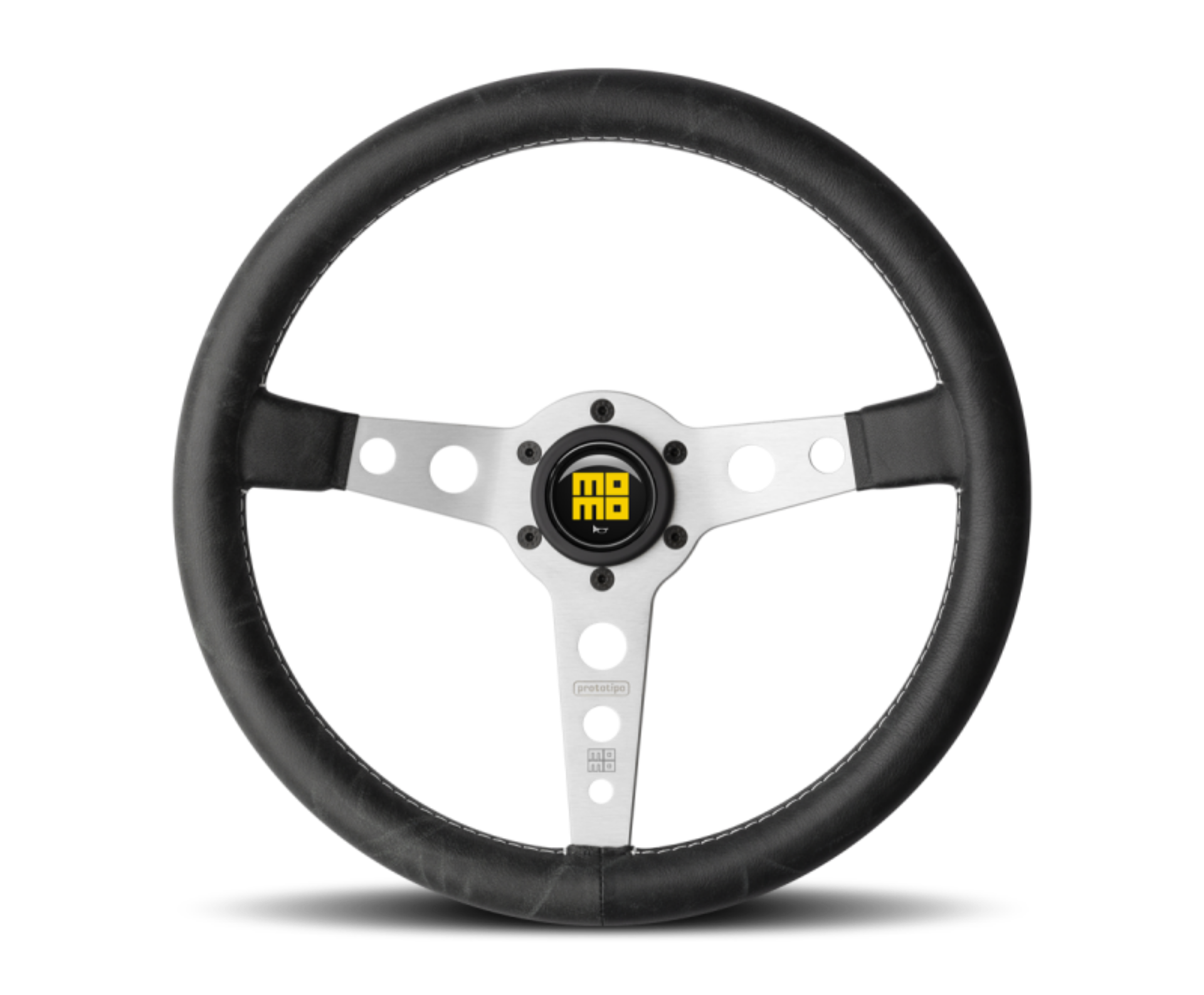 Picture of Momo Prototipo Steering Wheel 350 mm - Black Leather-White Stitch-Brshd Spokes