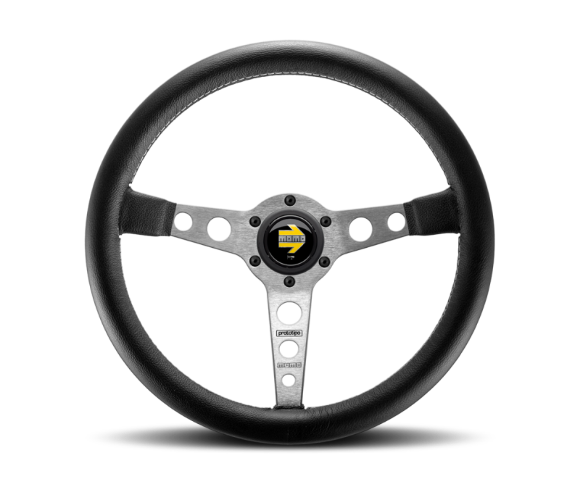 Picture of Momo Prototipo Steering Wheel 350 mm - Black Leather-Wht Stitch-Brshd Spokes